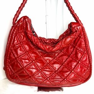 CHANEL Hobo Bag Red Lambskin with Waffle Quilted Pattern & Twisted Handle